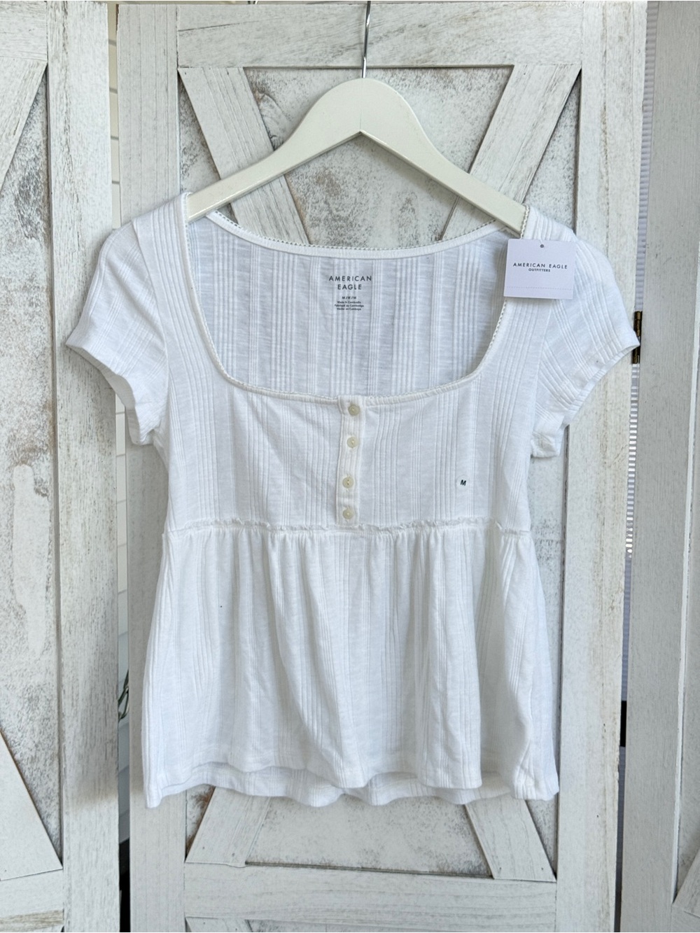 American Eagle Outfitters White Square-Neck Button Babydoll Top